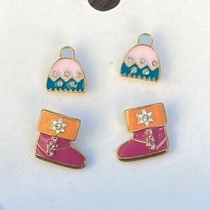 Enamel Earrings 2 Pair Stud Crystal Embellished Winter Hat & Boot Unbranded